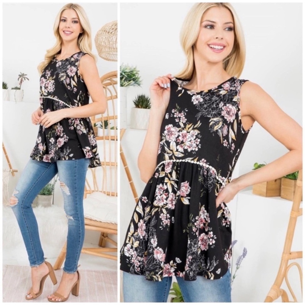 Sleeveless Pom Pom Detail Floral Tunic Tank Top Black - L